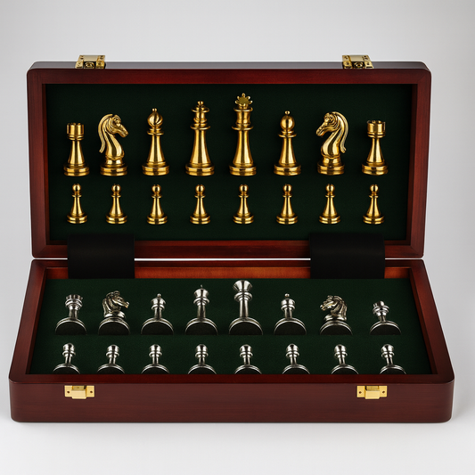 Jeu d’échecs en zinc doré et argenté avec plateau en bois