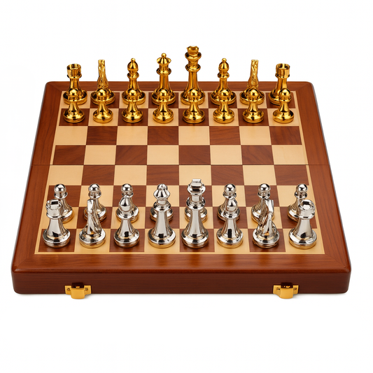 Jeu d’échecs en zinc doré et argenté avec plateau en bois