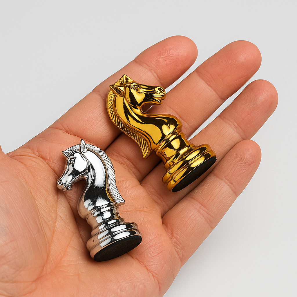 Jeu d’échecs en zinc doré et argenté avec plateau en bois