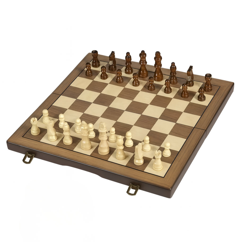 Jeu d’échecs en bois pliable avec pièces claires et foncées