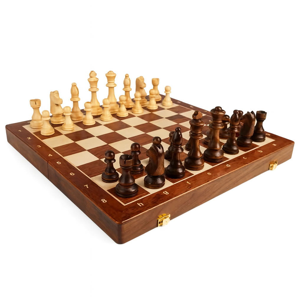 Jeu d’échecs en bois avec plateau pliable et pièces sculptées
