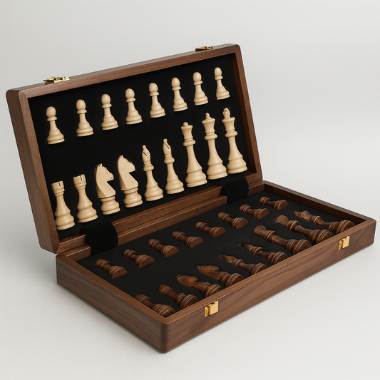 Jeu d’échecs en bois avec plateau pliable et pièces sculptées