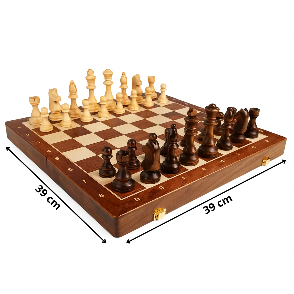 Jeu d’échecs en bois avec plateau pliable et pièces sculptées